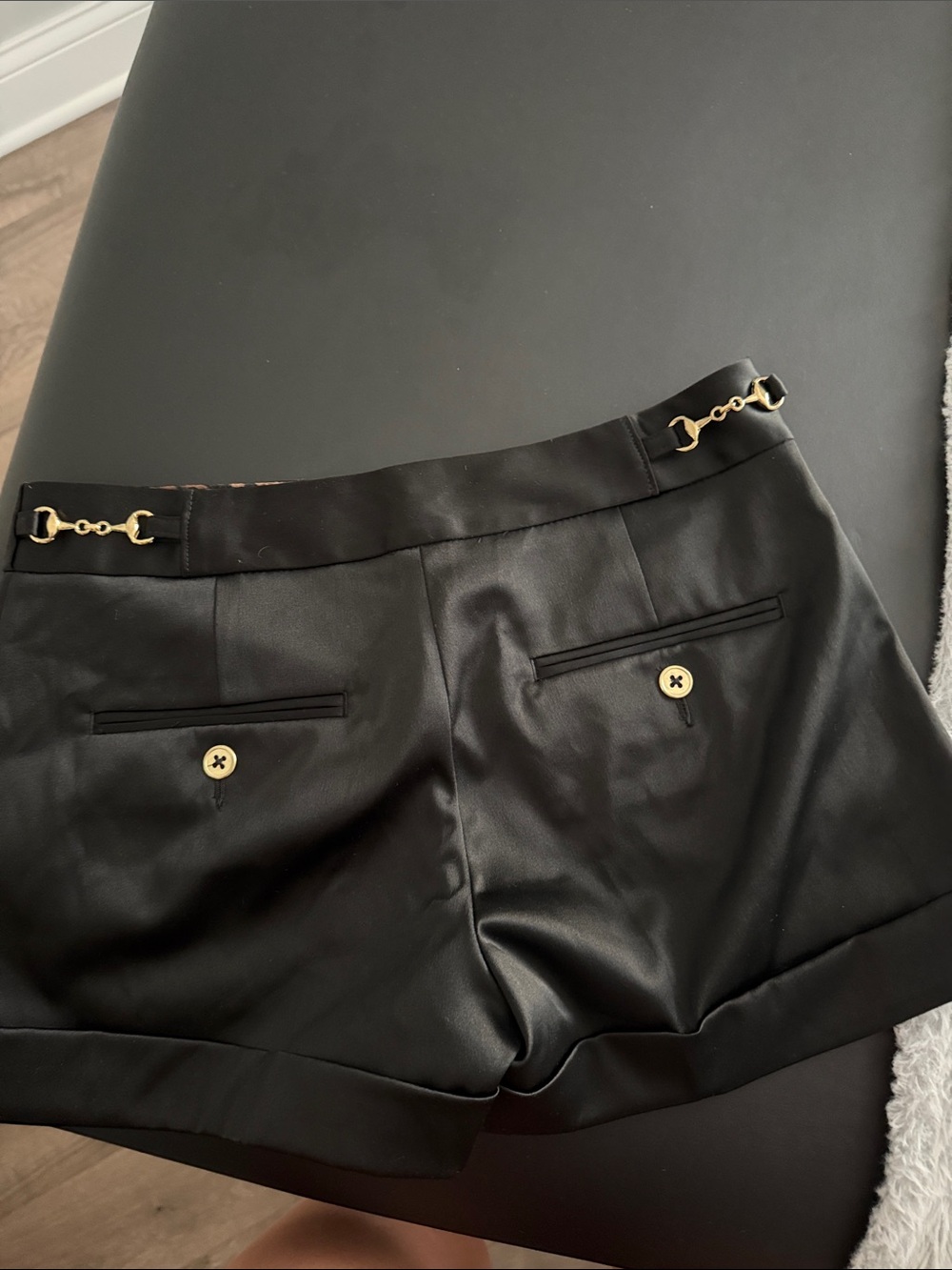 Express Black Satin High-Waist Shorts with Gold Button - Picture 4 of 4